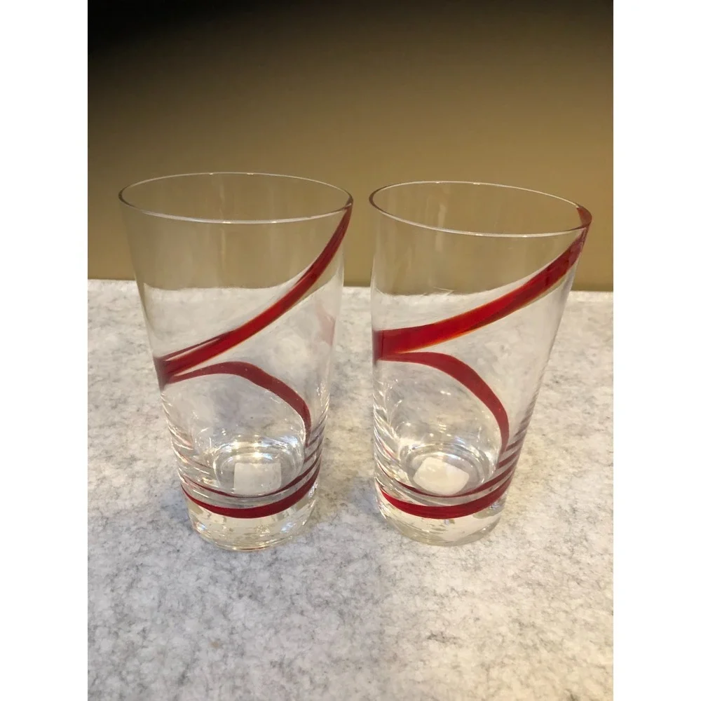 Pier 1 Swirline Red Swirl Highball Glasses Clear Hand Blown Tumblers 6.25